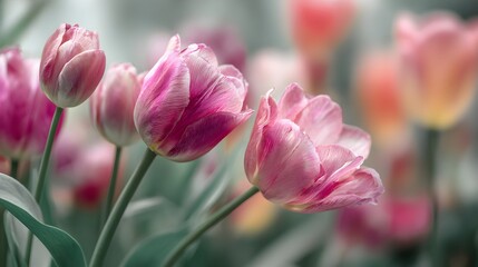 Fototapeta premium Close up view captures several pink and white streaked tulips blooming in soft focus