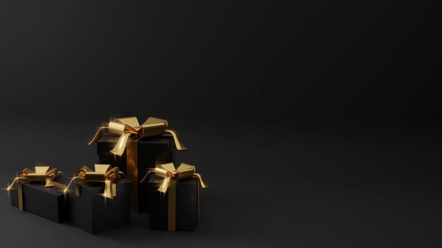 Elegant black gift boxes Black Friday themes with golden bows and blank space on black background.  Suitable for Black Friday, Festive luxurious mood, suitable for marketing campaigns and celebrations