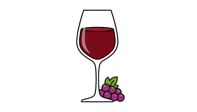 A simple, clean vector illustration of a glass filled with rich red wine, accompanied by a small bunch of ripe purple grapes, presented on a plain white background, perfect for beverage-related