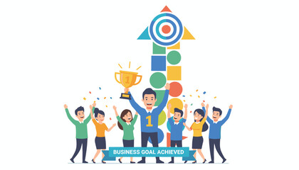 Vibrant vector illustration depicting a jubilant team celebrating the achievement of a significant business goal, with a leader holding a golden trophy aloft, set against a backdrop of colorful