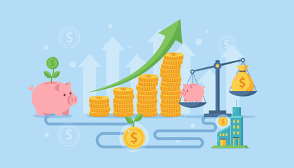 Vibrant illustration depicting financial growth and investment strategies, featuring a piggy bank with a sprouting plant, stacks of coins, a balanced scale comparing a piggy bank to a money bag, and
