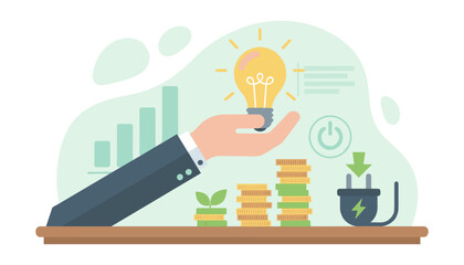 Conceptual illustration of a businessman's hand holding a glowing lightbulb, symbolizing innovation and ideas, above stacks of coins and a growing plant, representing financial growth and investment