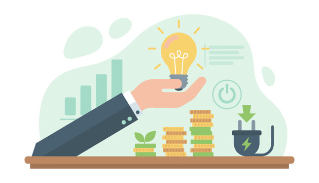 Conceptual illustration of a businessman's hand holding a glowing lightbulb, symbolizing innovation and ideas, above stacks of coins and a growing plant, representing financial growth and investment