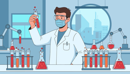 A scientist in a lab coat, mask, and goggles holds up a test tube filled with red liquid, surrounded by robotic arms and various beakers and flasks containing bubbling red and orange solutions