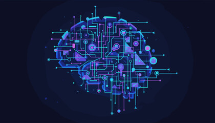 Abstract futuristic digital brain network illustration with glowing neon lines and nodes, symbolizing artificial intelligence, technology, connectivity, and data processing on a dark background