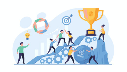 Goal-focused teamwork and motivation pave the way to achieving success, overcoming obstacles, and reaching the ultimate prize of a golden trophy, symbolizing victory and accomplishment in business.