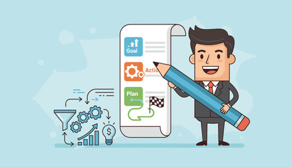 Business goal, action, and plan process illustration with a businessman holding a large pencil, gears, a funnel, a lightbulb with dollar sign, and a checkered flag, representing strategy and