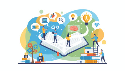 Vibrant illustration depicting innovative learning and inspiration derived from reading, featuring people interacting with technology, books, lightbulbs, and gears, symbolizing education, creativity