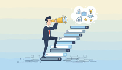 Businessman with binoculars on stairs made of search bars looking for new job, employment, career opportunities, or business success, symbolizing future vision, growth, and strategic planning in a