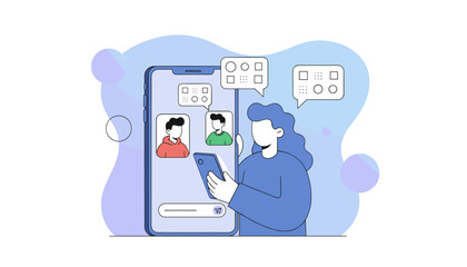 Modern flat vector illustration of a young woman actively engaged in a live chat conversation on her smartphone, with profile icons and speech bubbles showcasing communication and digital