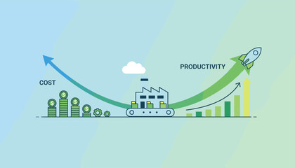 Illustrating the concept of business growth and efficiency with a modern flat vector graphic showing decreasing costs and increasing productivity, symbolized by coins, gears, a factory, and a rocket