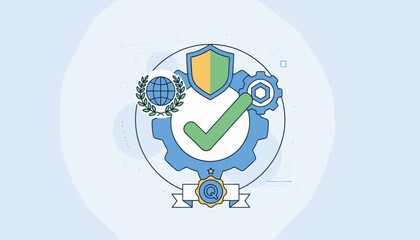 Abstract illustration of top service quality assurance and guarantee, featuring a checkmark, shield, globe, gear, and award emblem, symbolizing excellence, reliability, and international standards in