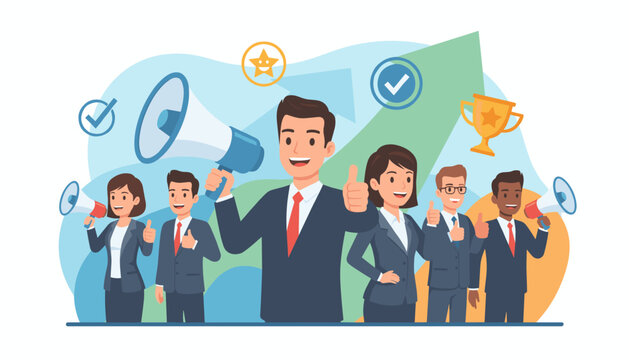 Diverse group of business professionals in suits giving thumbs up and holding megaphones, symbolizing teamwork, success, positive feedback, and effective communication, with a trophy and checkmarks