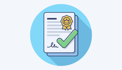 Stylized 3D icon representing approved and signed business documents, featuring a certificate with a golden seal and ribbon, a prominent green checkmark, and a signature, all set against a clean