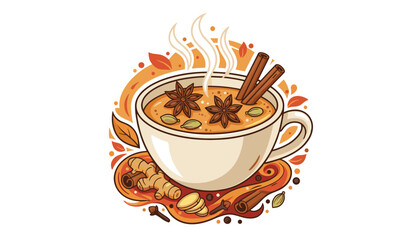 Aromatic Masala Chai Tea in a White Cup, Garnished with Star Anise, Cinnamon Sticks, Cardamom Pods, Ginger, and Cloves, Evoking Warmth and Autumnal Comfort with Steaming Vapors and Decorative Leaves
