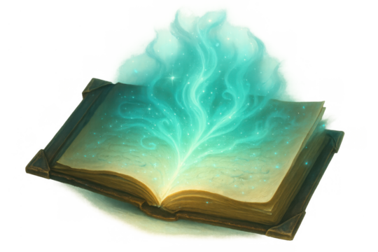 Open spell book glowing with mystical energy, ancient wisdom revealing magical knowledge and fantasy power