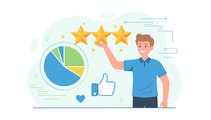 Fototapeta premium A smiling man proudly displays three golden stars, representing a top customer experience score, next to a pie chart and a thumbs-up icon, symbolizing positive feedback and excellent service ratings