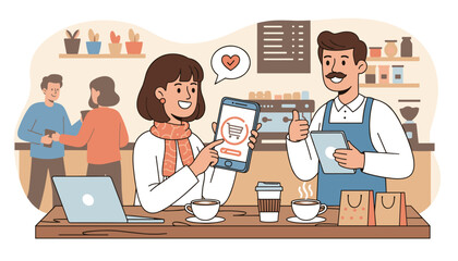 A smiling woman is making a mobile payment for online shopping at a coffee shop, with a barista giving a thumbs up and holding a tablet, illustrating the convenience of digital transactions and