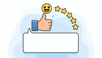 Customer satisfaction concept with a hand giving a thumbs up, a happy emoji face, and a rating of five stars, presented against a clean, light blue abstract background with subtle wave patterns and