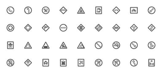 Traffic Signs icon set. Vector symbols collection. Icludes road symbols for phne, turn left, restaurant,pedestrian crossing, gas sation, roundabout, trafficlights and more.