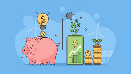 Vivid illustration of saving energy and money, symbolizing a concept of financial growth and environmental responsibility with a piggy bank, lightbulb, battery, coins, wind turbines, and solar panels