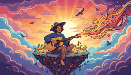 A soulful acoustic guitarist sits on a floating island amidst a vibrant, dreamlike sky at sunset, with musical notes and colorful energy streams emanating from the instrument, evoking a sense of