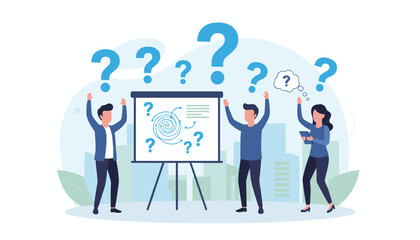Three business people stand around a whiteboard with question marks floating above their heads, symbolizing confusion, doubt, and the need for help or solutions in a modern urban setting.