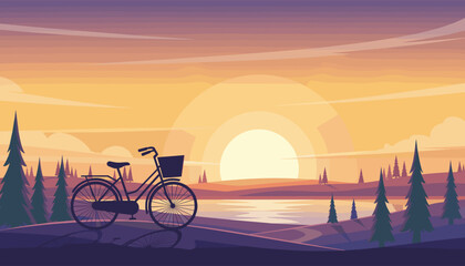 Serene sunset over a tranquil lake with a vintage bicycle silhouette parked on the shore, surrounded by pine trees and rolling hills, creating a picturesque and peaceful landscape scene with warm