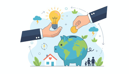 Conceptual illustration of business growth and investment in sustainable ideas, with a piggy bank shaped like the Earth receiving a coin and a hand offering a glowing lightbulb, symbolizing