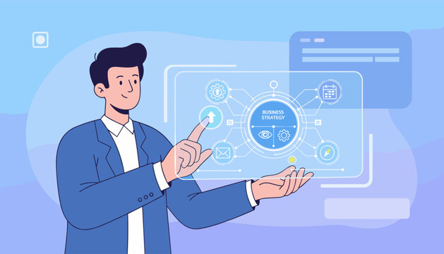 Business strategy concept with a man in a blue suit interacting with a futuristic holographic interface displaying icons for planning, vision, communication, and progress, symbolizing strategic