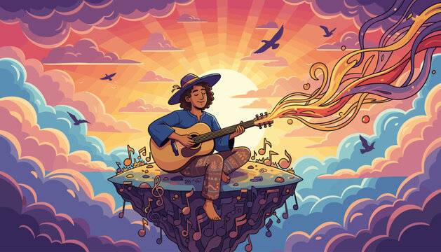 A soulful acoustic guitarist sits on a floating island amidst a vibrant, dreamlike sky at sunset, with musical notes and colorful energy streams emanating from the instrument, evoking a sense of