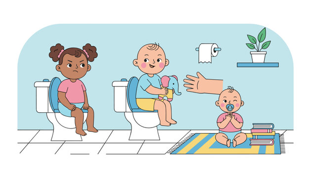 Modern flat illustration depicting a bathroom scene with three babies. One baby sits on a toilet with a toy elephant, another sits on a toilet looking grumpy, and a third baby sits on a rug with
