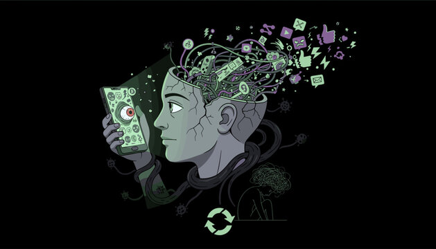 Conceptual illustration of brain rot and toxic social media addiction, showing a profile of a head with wires and icons of social media, viruses, and negative emotions spilling out, while a hand
