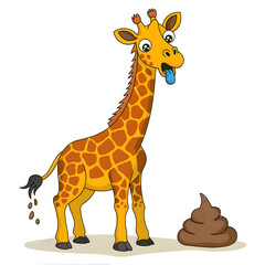 Hilarious cartoon giraffe with protruding tongue and a poop pile is perfect for kids' books or funny animal illustrations and playful designs