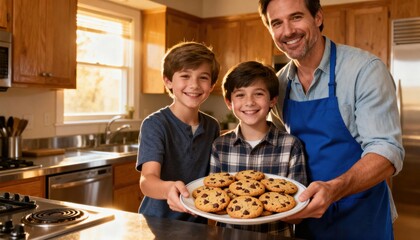 Happy family baking together. Proud father and two sons showing a plate of fresh chocolate chip cookies in a sunny kitchen. Concept of fatherhood, parenting, and bonding.