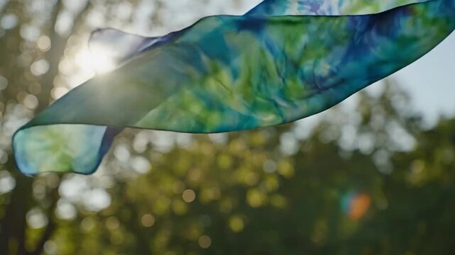 Abstract pattern fabric waving in sunlight against sky