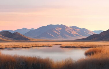 Calm water reflects mountains; foreground has reeds, illuminated by soft sunrise