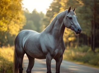 Majestic white horse stands on a road, bathed in golden sunlight