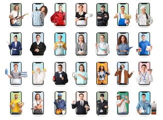 Set of people of different professions on screens of big mobile phones against white background