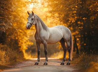 Majestic white horse stands on a sunlit path between vibrant autumn trees