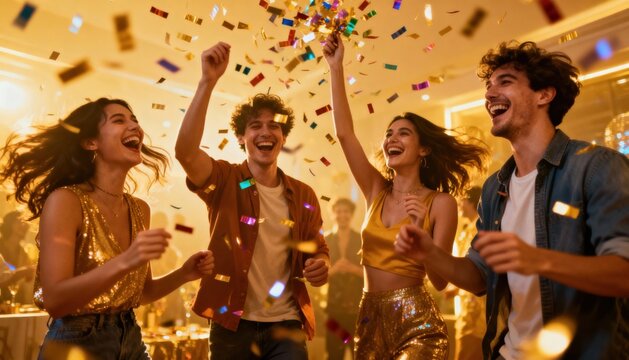 Four happy young friends enjoying a party, dancing energetically under a shower of colorful confetti. Concept of celebration, success, joy, friendship, youth, and fun.