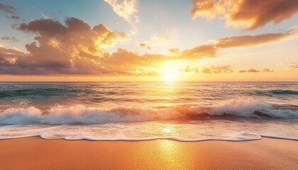 Sun over sea, waves crashing on shore, orange sky and clouds
