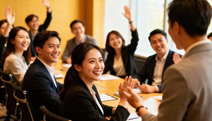Group of happy Asian business people at a seminar. Attentive audience in a conference room raising hands to ask questions during a presentation or corporate training session.
