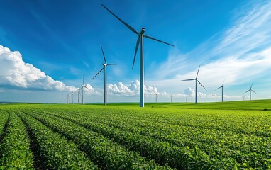 Wind turbines rise above green field under blue sky