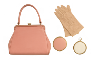 Vintage pink handbag, gloves, and accessories presenting classic fashion style with retro design