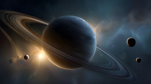 Majestic ringed gas giant planet shines brightly near its orbiting moons in deep space