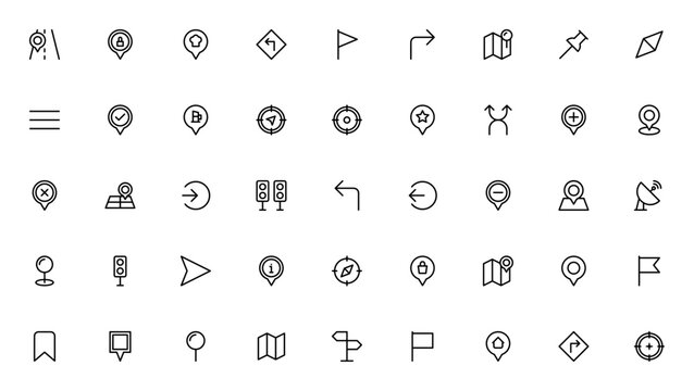 Map and location icon set. Vector illustration featuing street, pin, flag, tur left, turn right, map, copass, target, arrow, traffc light and more. Editablestroke.