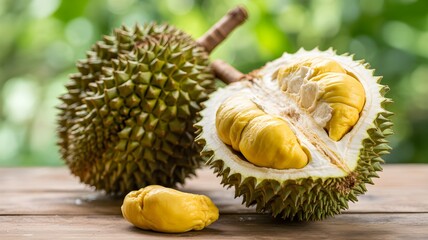 Indulge in the creamy sweetness of fresh durian fruit, sliced open to reveal its vibrant yellow flesh, a tropical delicacy on rustic wood