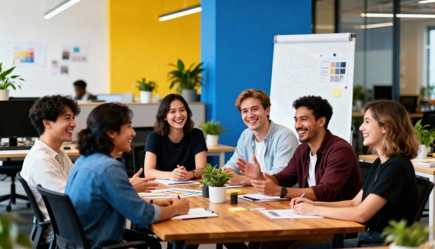 Diverse creative team of designers collaborating and smiling during productive office meeting with color charts, notes, and plants in modern workspace - Powered by Adobe