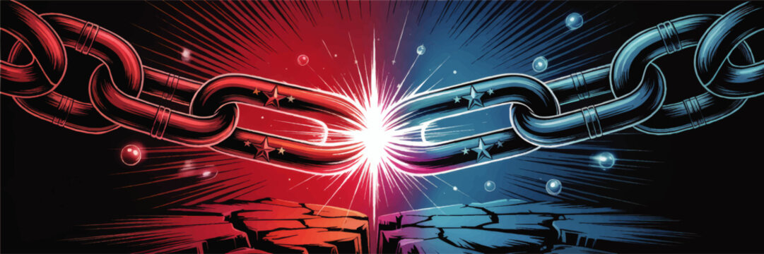 Red vs Blue Chains Breaking Apart, Symbolizing Political Division, Conflict, and Tension &ndash; Dynamic Vector Illustration on Black